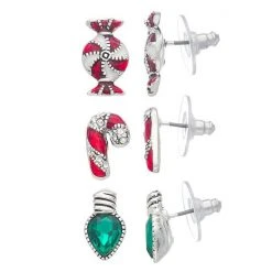Napier Holiday Adorn Candy Cane & Bulb 3-piece Stud Earring Set