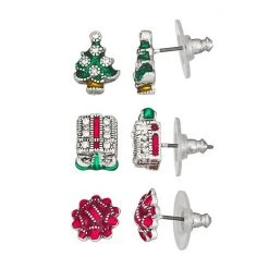 Napier Holiday Adorn Bow Tree & Gift Box Trio Stud Earring Set
